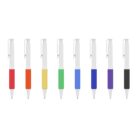 Eight pens with white bodies and different colored grips are lined up side by side. The grip colors are red, orange, yellow, green, light blue, dark blue, purple, and black. Each pen has a clip on the cap.
