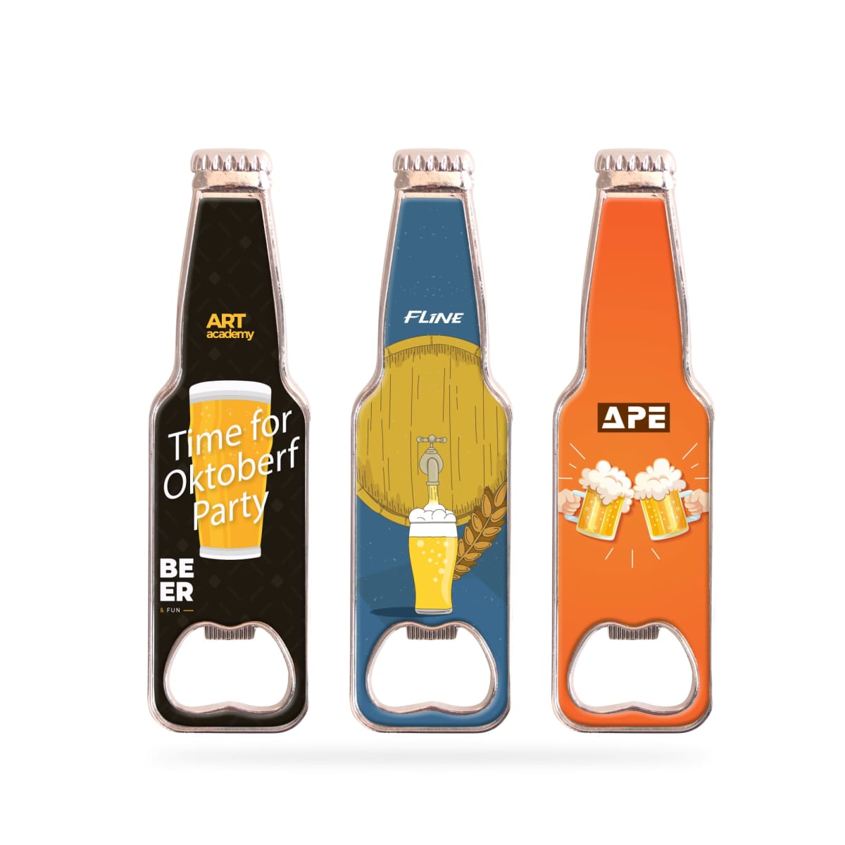 Three bottle-shaped metal openers with unique designs: left has a beer graphic and Time for Oktoberfest Party, center has a wooden barrel with a beer mug, and right has two clinking beer mugs and APE.