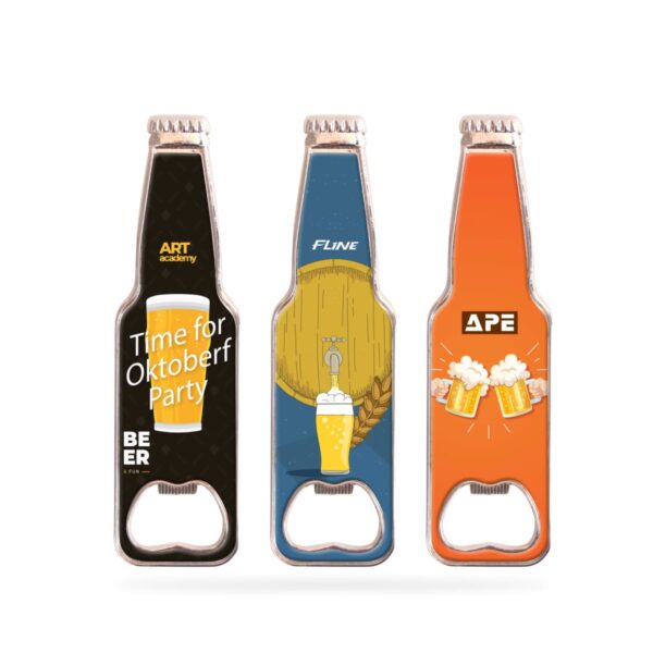 Three bottle-shaped bottle openers featuring various designs. The first has Time for Octoberfest Party with a beer mug; the second shows a wooden barrel with a full glass; the third displays two clinking beer mugs on an orange background.