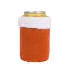 A beverage can labeled Crystal Spring Peach Tea is partially enclosed in a bright orange koozie with a white fuzzy trim around the top.