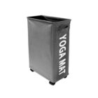 Gray yoga mat storage bin with wheels and white YOGA MAT text.
