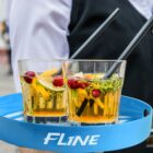 Two glasses of a refreshing drink garnished with lemon slices, cranberries, and herbs, each featuring a black straw. The glasses sit on a blue tray with the text FLINE visible. Theyre being carried by a person in a black vest and white shirt.