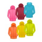 Six colorful hooded jackets are displayed. From left to right: pink, red, light blue in the top row and orange, yellow, bright yellow-green in the bottom row. All jackets have front zippers and pockets.