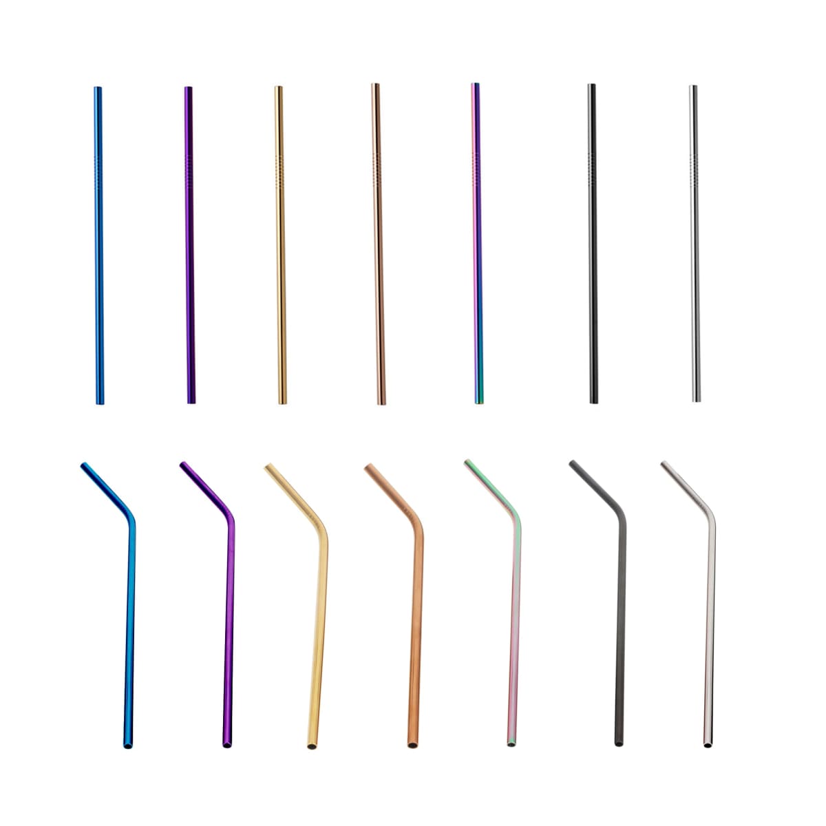 A collection of metal straws in various colors, including blue, purple, gold, copper, green, and silver, displayed on a white background. The top row shows straight straws, while the bottom row features bent straws.