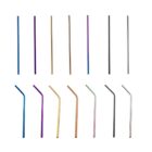A collection of straight and bent metallic straws in various colors, including blue, purple, gold, copper, black, and silver, arranged against a white background.