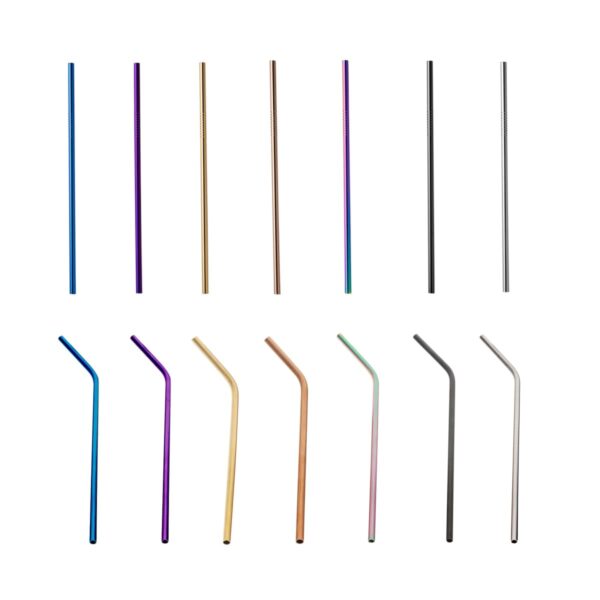 A collection of straight and bent metallic straws in various colors, including blue, purple, gold, copper, black, and silver, arranged against a white background.