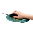 A hand using a black computer mouse on a green mouse pad with an ergonomic wrist support. The pad features a decorative yellow pattern. The mouse is wired, and the scene is isolated on a white background.