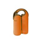 Orange neoprene two-bottle wine tote with a handle, displaying the brand BUILT on the side. The tote has two compartments, each holding a bottle, and is designed for easy carrying and insulation.