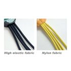 Close-up of two types of cords: the left side shows three black cords labeled High elastic fabric, and the right side shows three yellow cords labeled Nylon fabric. The cords are contrasted against a light background.