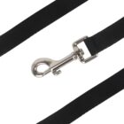 A black leash with a metal clasp is shown against a plain white background. The clasp is shiny and silver, designed for attaching to a collar or harness. The leash is made of a flat, woven material.