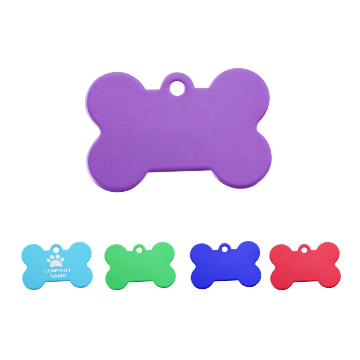Five bone-shaped pet tags in various colors: purple, light blue, green, dark blue, and red. The light blue tag has a paw print and reads Company Name. Each tag has a small hole at the top for attachment.