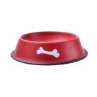 A red dog bowl featuring a white bone design on the side. The bowl has a black non-slip base.
