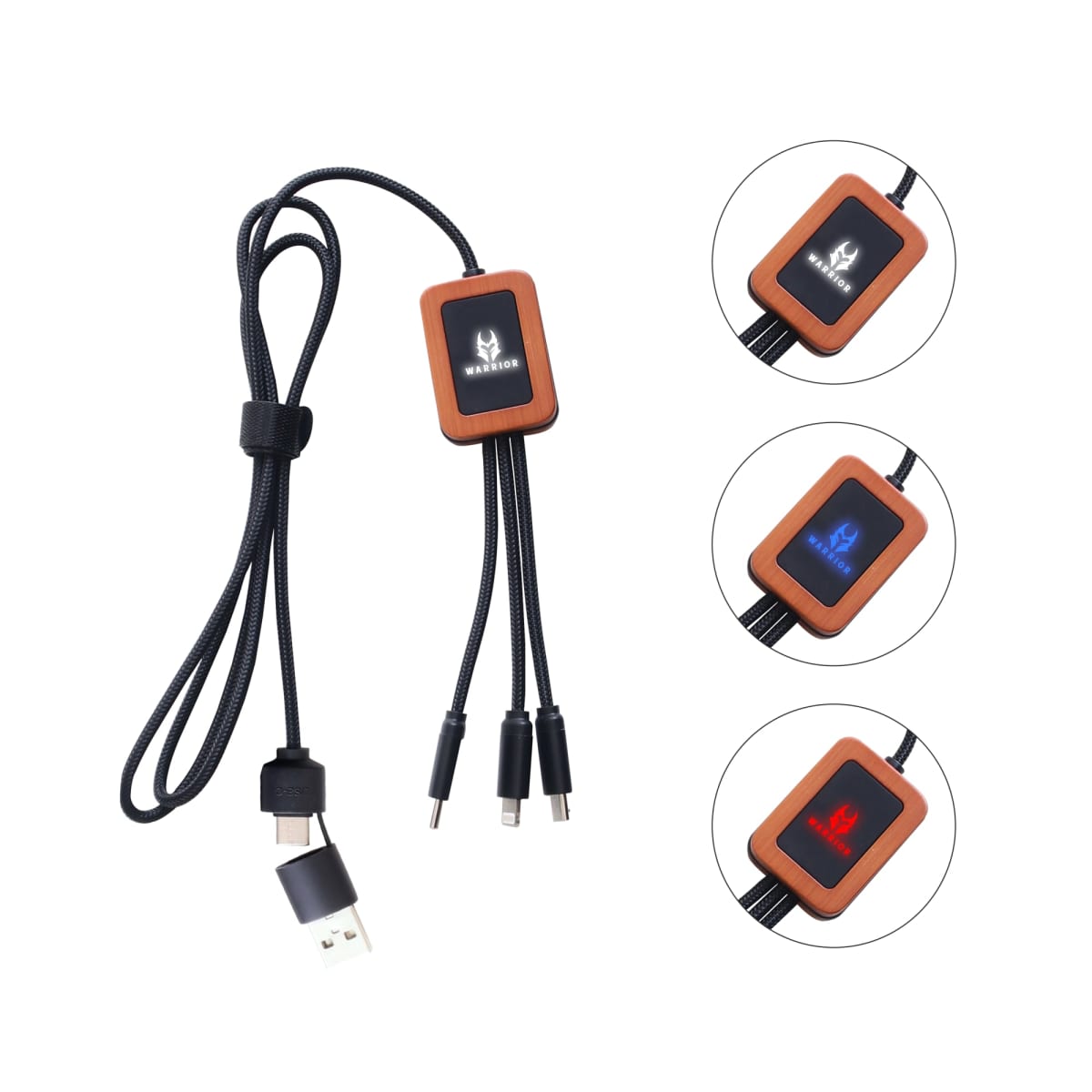 A USB cable with a black woven design features a single USB connector branching into three outputs. An inline control displays illuminated designs in white, blue, and red. Circular insets show close-ups of the control with light variations.