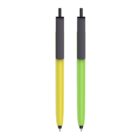 Two retractable ballpoint pens with black clips and tips are aligned vertically. The pen on the left is yellow, and the pen on the right is green. Both pens have a sleek and minimalist design.