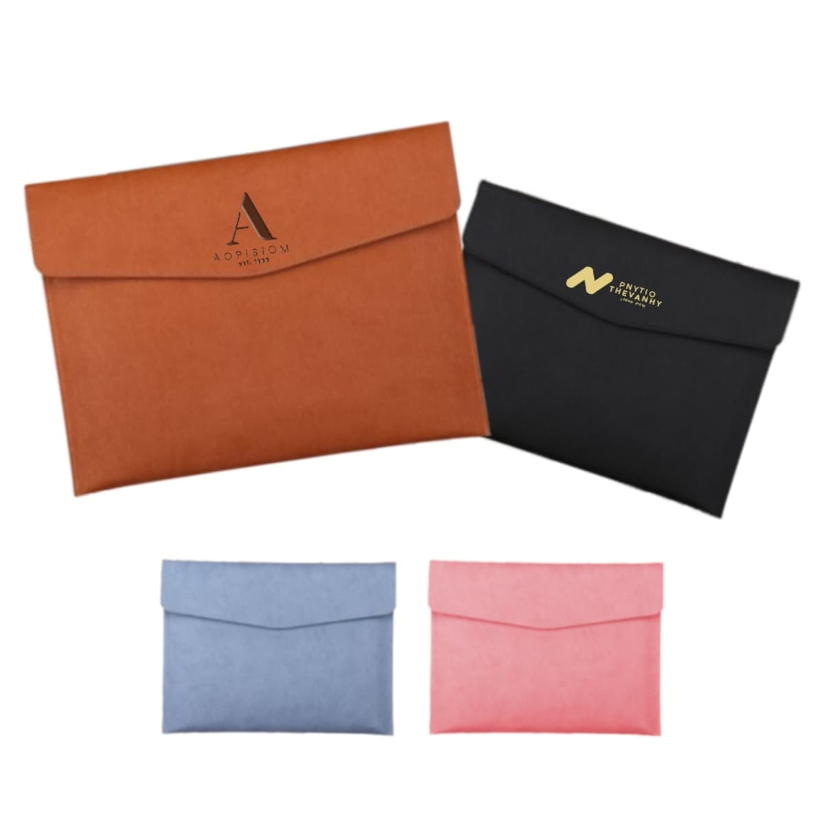 Four envelope-style pouches in different colors and materials: a brown and a black pouch with logos on top, a blue pouch, and a pink pouch. All pouches have flap closures.