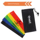 Five resistance bands in red, yellow, green, blue, and black are neatly stacked. Each features Norwegian Strength text. Next to the bands is a black drawstring bag labeled Vindeli Coaching. Orange banner above says Optional Packaging.