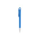 A blue pen with a sleek design, featuring a silver tip and a curved clip on the cap, is centered against a plain white background.