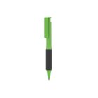A green retractable pen with a black grip and a clip on the side, isolated on a white background.