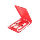 A red, rectangular case holds various charging cables and connectors neatly organized. The case includes a USB connector and several other plug types. The lid is open, revealing the contents inside.
