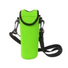 Bright green neoprene water bottle holder with a black adjustable strap and metal clasps.