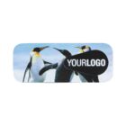 Adhesive bandage with an illustration of three penguins standing together. Theres a black oval with the words YOUR LOGO on it. The background is a clear blue sky.