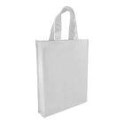 A plain white tote bag with two handles is shown against a white background. The bag has a rectangular shape and appears to be made of a sturdy fabric material.