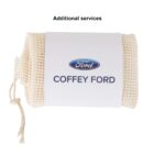 A beige mesh pouch tied with a string, labeled with a white tag that says Coffey Ford and has a blue Ford logo above it. The words Additional services are displayed above the pouch.
