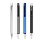 Four pens in different colors—silver, grey, blue, and black—are arranged vertically side by side. Each pen has a transparent cap and metal tip, featuring a sleek and modern design.