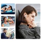 A collage of four images featuring people using earphones: a woman by a window, a person in a car with sunglasses, a person drinking from a bottle while jogging, and a person in business attire looking at a phone on a train.