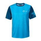 A blue and teal athletic t-shirt with short sleeves. The shirt features a circular logo and the text COMPANY NAME on the chest. One sleeve has the text ABSTRA HA printed in white. The shirt has subtle vertical stripes.