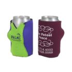 Two soda cans in colorful koozies. The left koozie is green with blue sides and has PALMS printed on it. The right koozie is maroon with white text. Both have visible stitching on the edges.