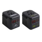 Two black travel adapters with multiple USB ports and logos on a white background.