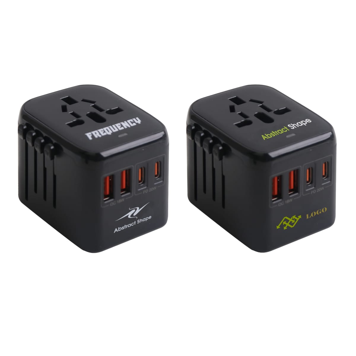 Two black travel adapters with multiple USB ports and logos on a white background.