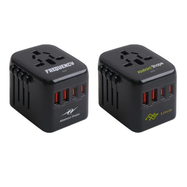 Two black universal power adapters with USB ports and abstract logos.