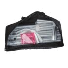 A black duffle bag partially opened to reveal various silver metal pipes and a pink plastic bag inside. The pipes are neatly arranged, and the bag is set against a white background.