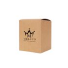 A plain brown cardboard box with MELIUS INTERNATIONAL CONSULTANCY and a stylized crown logo printed in black on the front.