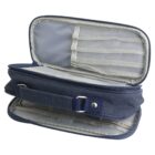 Blue pencil case with two compartments, open to show interior. The inside has mesh pockets for organization and a handle on the outside for easy carrying. The case features a zipper closure with a silver metal button accent.