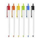 Six white retractable pens with clips are shown, each with a different colored top and nib: red, orange, yellow, green, blue, and black. They are arranged in a straight line against a white background.