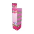 Pink and green cardboard display stand with colorful Shopkins branding and four shelves for showcasing products.