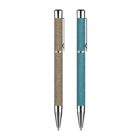 Two ballpoint pens are shown side by side against a white background. The pen on the left has a textured tan body, and the pen on the right has a textured teal body. Both pens have silver tips and accents.