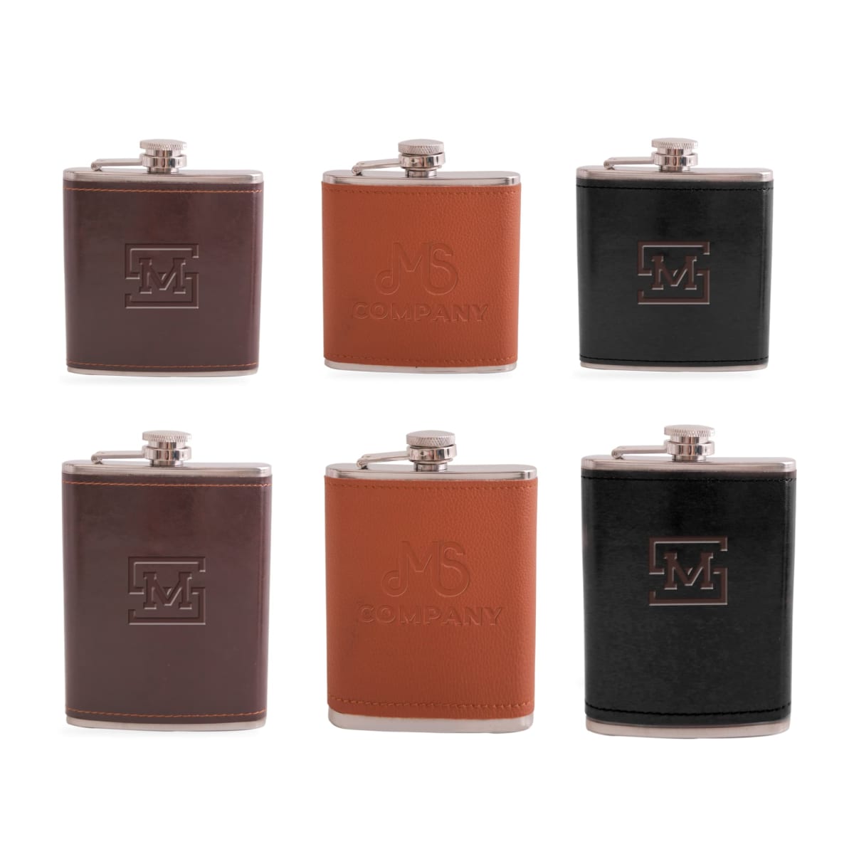Six metal hip flasks with leather covers are displayed in two rows. The top row shows two black flasks with embossed logos on the leather and one brown flask. The bottom row shows one dark brown flask, one light brown with a logo, and one black flask.