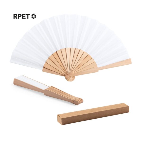 A foldable wooden and white paper hand fan is shown in three positions: fully open, half-open, and closed, accompanied by a rectangular cardboard box. The RPET recycling symbol is displayed in the top left corner.