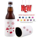 A brown bottle in a white neoprene sleeve featuring red snowflakes and a Santa sleigh design. Above, the word NEW in red and available colors in small swatches. Contact information for more colors is indicated below.