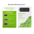 Webcam cover packaging featuring a black sliding cover. Left side displays step-by-step installation instructions with images. Right side has text Protect Your Privacy over a geometric green design.