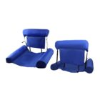 Two blue cushioned portable stadium seats with backrests and armrests displayed. The seats are shown from different angles, highlighting their foldable design and adjustable straps for easy carrying and comfort.