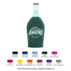A bottle covered with a green sleeve featuring the Los Angeles Lakers logo. Below are color swatches, including navy blue, cyan, royal blue, light blue, green, pink, red, yellow, orange, maroon, purple, and gray, with their PMS or PCM codes listed.