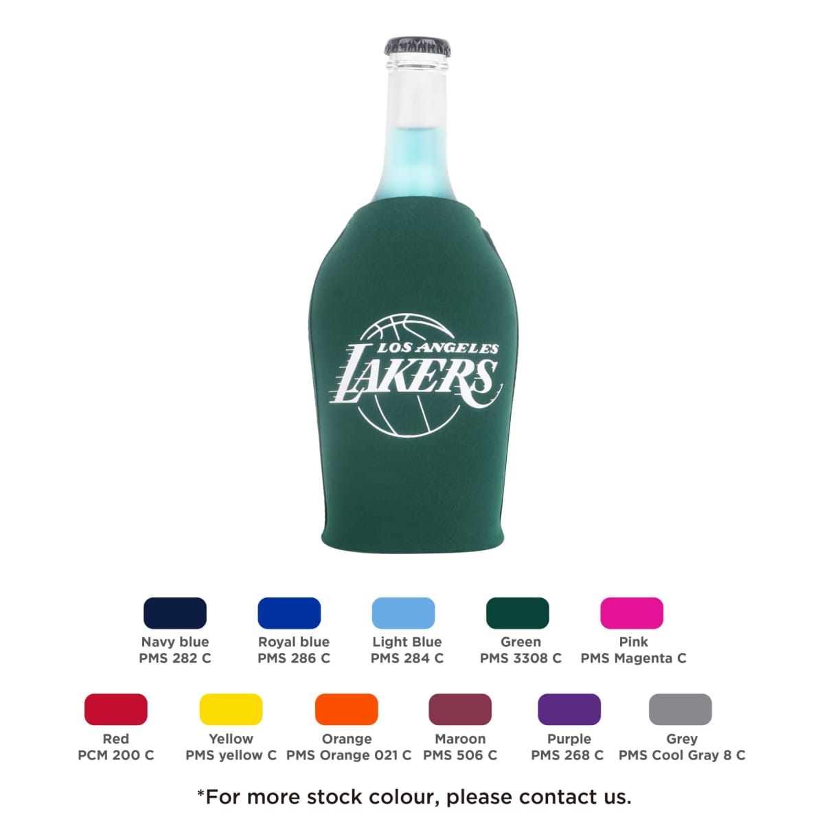 A bottle covered with a green sleeve featuring the Los Angeles Lakers logo. Below are color swatches, including navy blue, cyan, royal blue, light blue, green, pink, red, yellow, orange, maroon, purple, and gray, with their PMS or PCM codes listed.