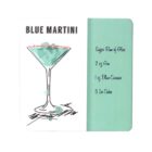 Illustrated recipe card for a Blue Martini features a drawing of a cocktail glass with blue liquid. Instructions include: sugar rim of glass, 2 oz gin, 1 oz blue curaçao, 3 ice cubes. The design uses a teal and white color scheme.