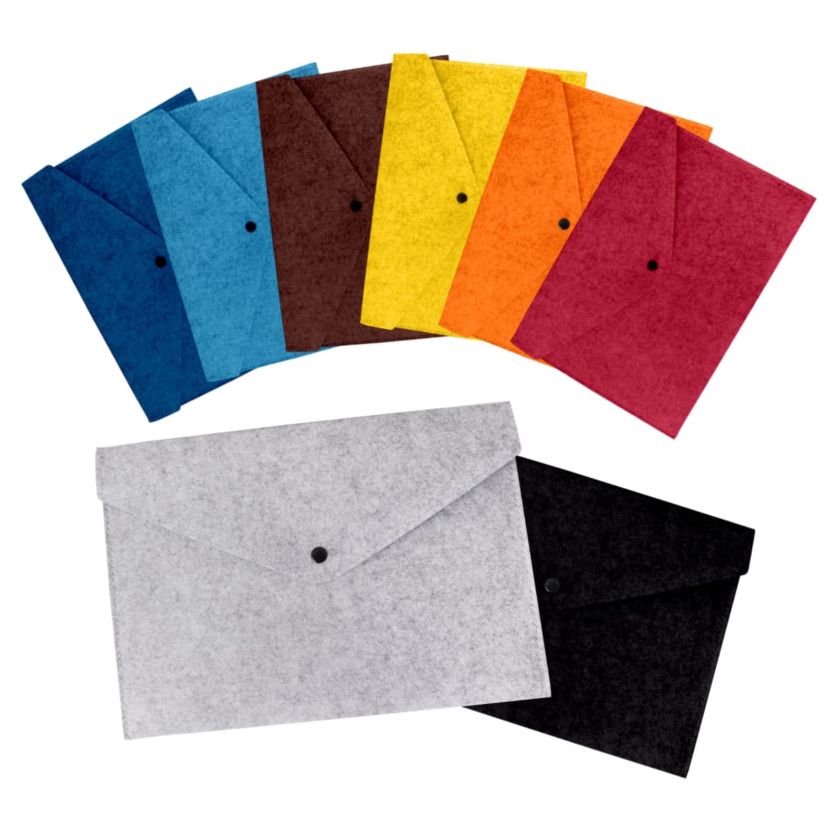 A collection of colorful felt envelopes arranged fan-like: blue, light blue, brown, yellow, orange, red, and maroon at the top, with a gray and black envelope at the bottom. Each envelope has a black button closure.