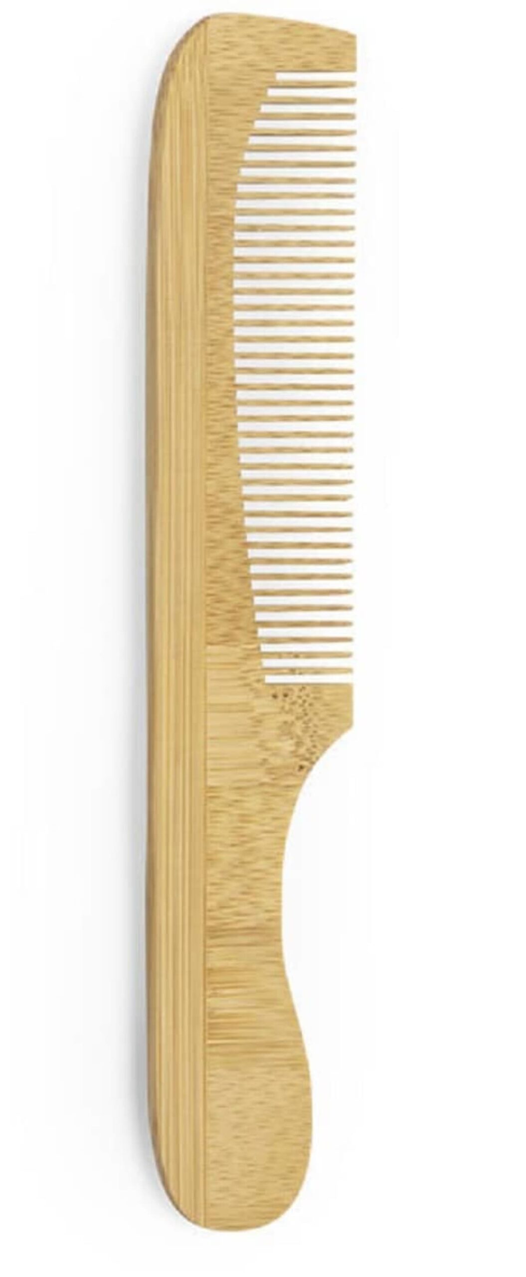 A wooden comb with a curved handle and fine teeth, designed for grooming hair. The natural wood grain pattern is visible, giving it an organic and eco-friendly appearance.